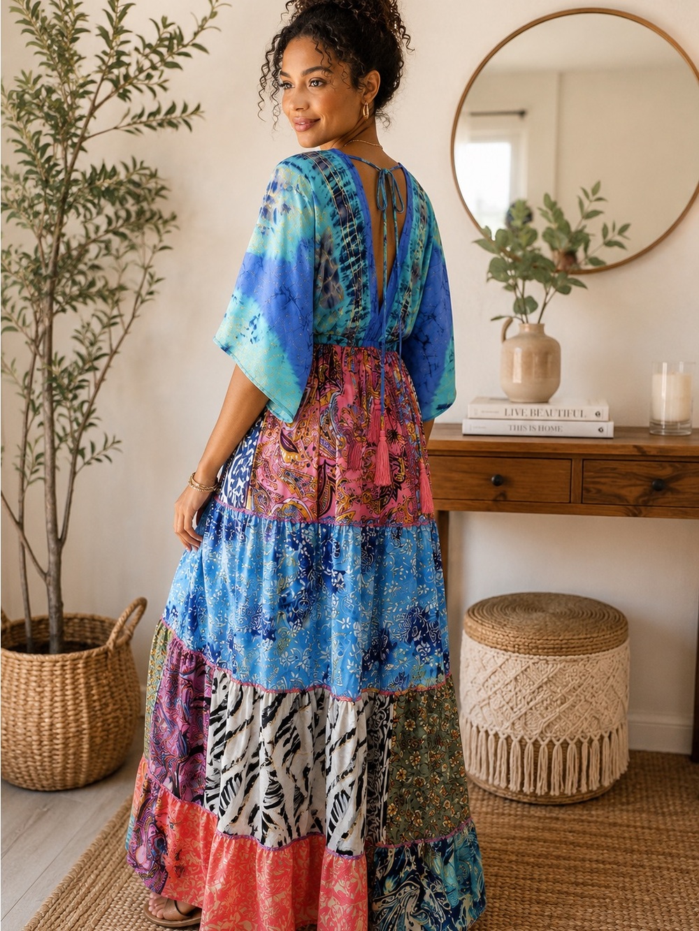 Boho Tie-Back Patchwork Maxi Dress - Blue Multi